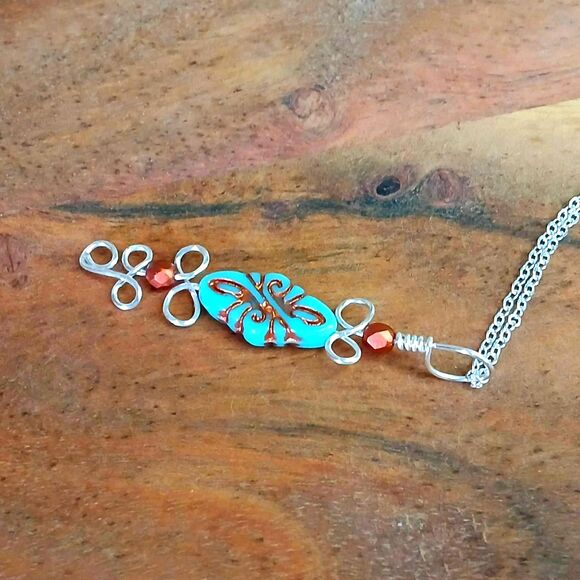 Czech Glass Beaded Pendant Necklace, Turquoise Silver Copper, Boho Statement - Picture 4 of 6